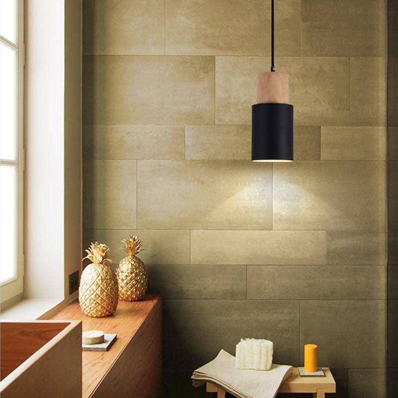 Suspension cylindrique en bois et métal coloré – modèle Wood