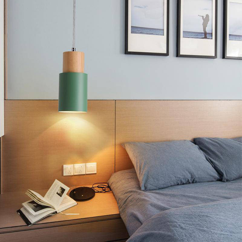 Suspension cylindrique en bois et métal coloré – modèle Wood