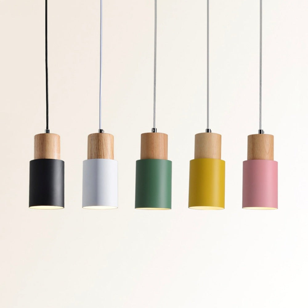 Suspension cylindrique en bois et métal coloré – modèle Wood
